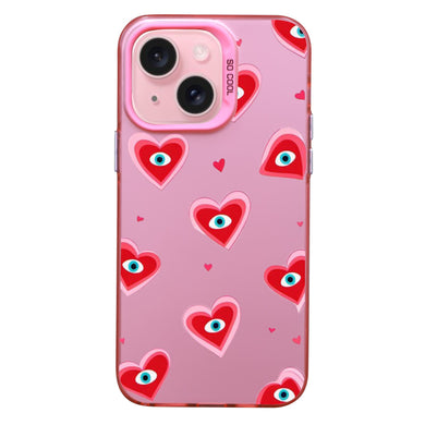 【BUY 4 ONLY PAY FOR 2】Pink Cute Case for iPhone with Unique Graphic Design, Hard Back + Soft Frame Protective Case - Heart Evil Eyes