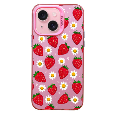 【BUY 4 ONLY PAY FOR 2】Pink Cute Case for iPhone with Unique Graphic Design, Hard Back + Soft Frame Protective Case - Strawberry and Daisy