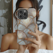 Luxury Pearl Seashell Phone Case, Gold Foil Inlaid Mosaic Coastal Aesthetic Protective Cover, Shockproof Dual Layer Slim Phone Case for iPhone 16 15 14 13 12 Pro Max, Samsung S26 S25 S24 S23 HNSJK0029