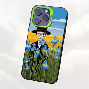 【BUY 4 ONLY PAY FOR 2】So Cool Case for iPhone with Unique Design, starry night Hard Back + Soft Frame with Independent Button Protective Case for iPhone -cartoon cowboy men in the field blue irises2