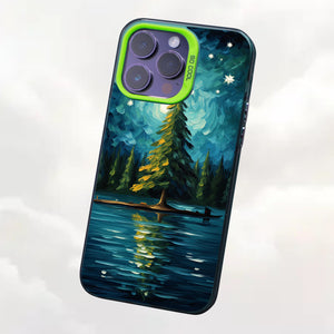 【BUY 4 ONLY PAY FOR 2】So Cool Case for iPhone with Unique Design, starry night Hard Back + Soft Frame with Independent Button Protective Case for iPhone -christmas tree Lake impressionist oil painting