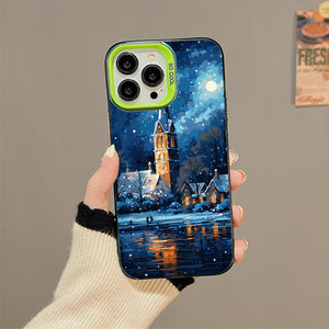 【BUY 4 ONLY PAY FOR 2】So Cool Case for iPhone with Unique Design, starry night Hard Back + Soft Frame with Independent Button Protective Case for iPhone -church in the snow and tree on the lake with a starry night sky