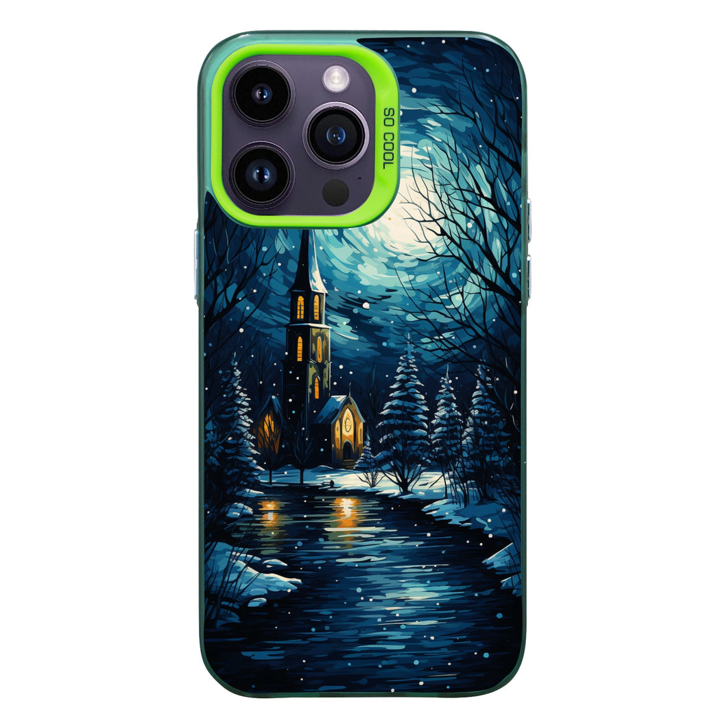 【BUY 4 ONLY PAY FOR 2】So Cool Case for iPhone with Unique Design, starry night Hard Back + Soft Frame with Independent Button Protective Case for iPhone -church in the snow and tree on the lake with a starry night sky2