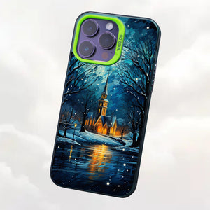 【BUY 4 ONLY PAY FOR 2】So Cool Case for iPhone with Unique Design, starry night Hard Back + Soft Frame with Independent Button Protective Case for iPhone -church in the snow and tree on the lake with a starry night sky3