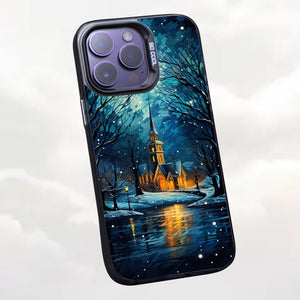 【BUY 4 ONLY PAY FOR 2】So Cool Case for iPhone with Unique Design, starry night Hard Back + Soft Frame with Independent Button Protective Case for iPhone -church in the snow and tree on the lake with a starry night sky3