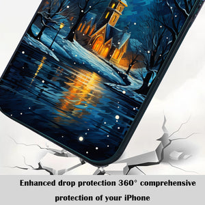【BUY 4 ONLY PAY FOR 2】So Cool Case for iPhone with Unique Design, starry night Hard Back + Soft Frame with Independent Button Protective Case for iPhone -church in the snow and tree on the lake with a starry night sky3