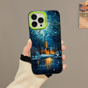 【BUY 4 ONLY PAY FOR 2】So Cool Case for iPhone with Unique Design, starry night Hard Back + Soft Frame with Independent Button Protective Case for iPhone -church in the snow and tree on the lake with a starry night sky3