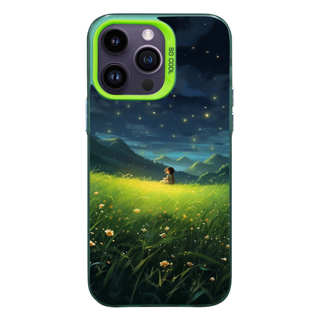 【BUY 4 ONLY PAY FOR 2】So Cool Case for iPhone with Unique Design, starry night Hard Back + Soft Frame with Independent Button Protective Case for iPhone -glowing stars kid in the grass