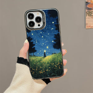 【BUY 4 ONLY PAY FOR 2】So Cool Case for iPhone with Unique Design, starry night Hard Back + Soft Frame with Independent Button Protective Case for iPhone -glowing stars person in the grass