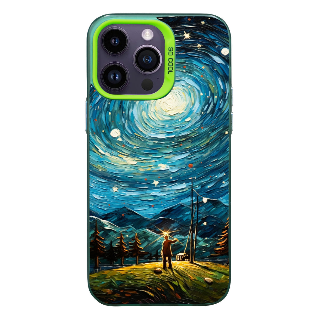 【BUY 4 ONLY PAY FOR 2】So Cool Case for iPhone with Unique Design, starry night Hard Back + Soft Frame with Independent Button Protective Case for iPhone -man in starry night4