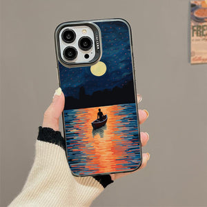 【BUY 4 ONLY PAY FOR 2】So Cool Case for iPhone with Unique Design, starry night Hard Back + Soft Frame with Independent Button Protective Case for iPhone -boat under the moon impressionist
