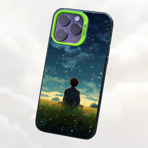 【BUY 4 ONLY PAY FOR 2】So Cool Case for iPhone with Unique Design, starry night Hard Back + Soft Frame with Independent Button Protective Case for iPhone -man sitting in the grass with starry night clouds