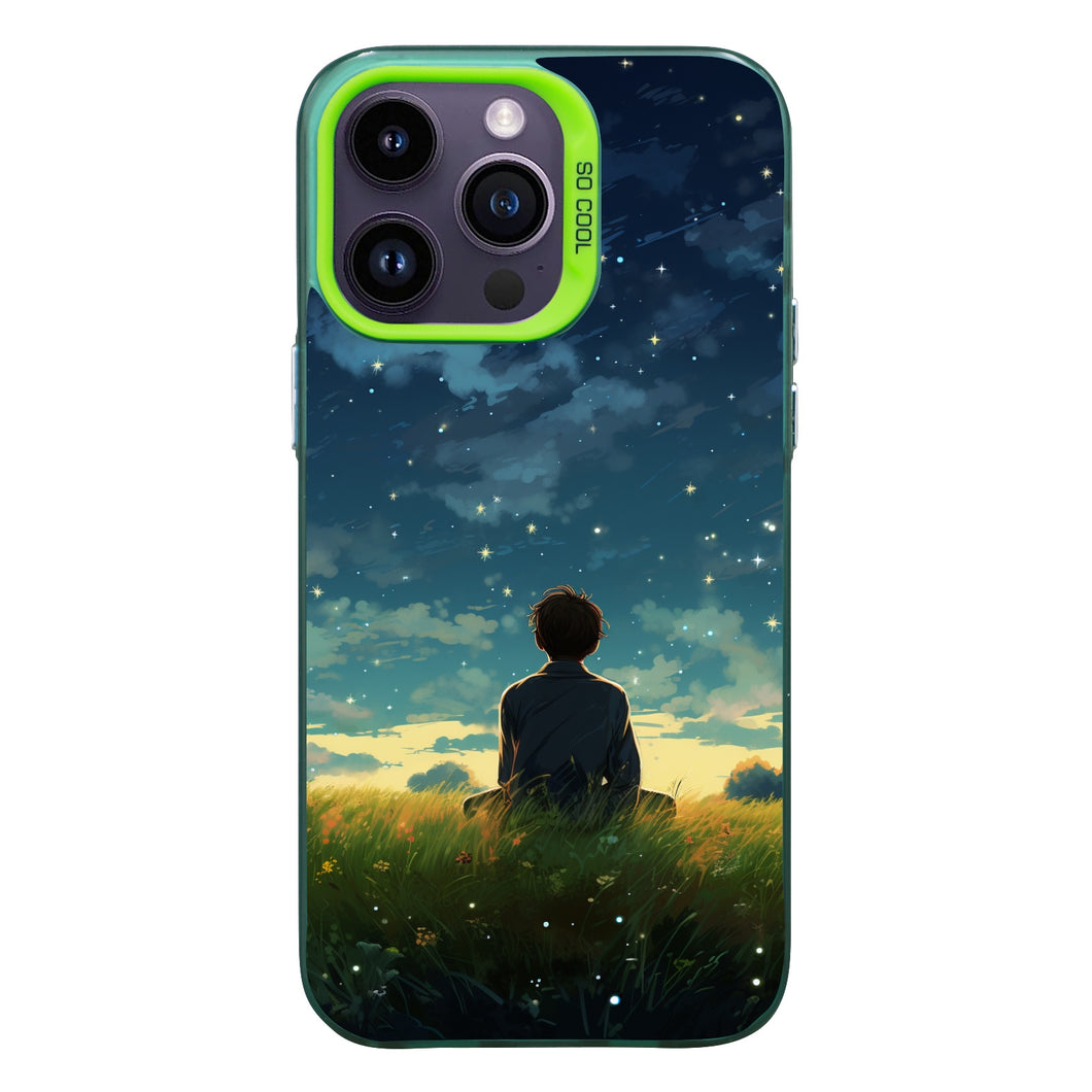 【BUY 4 ONLY PAY FOR 2】So Cool Case for iPhone with Unique Design, starry night Hard Back + Soft Frame with Independent Button Protective Case for iPhone -man sitting in the grass with starry night clouds