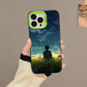 【BUY 4 ONLY PAY FOR 2】So Cool Case for iPhone with Unique Design, starry night Hard Back + Soft Frame with Independent Button Protective Case for iPhone -man sitting in the grass with starry night clouds