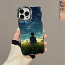 【BUY 4 ONLY PAY FOR 2】So Cool Case for iPhone with Unique Design, starry night Hard Back + Soft Frame with Independent Button Protective Case for iPhone -man sitting in the grass with starry night clouds