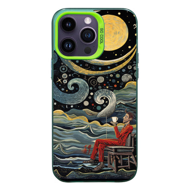 【BUY 4 ONLY PAY FOR 2】So Cool Case for iPhone with Unique Design, starry night Hard Back + Soft Frame with Independent Button Protective Case for iPhone -man smoking near moon in sea colored cartoon