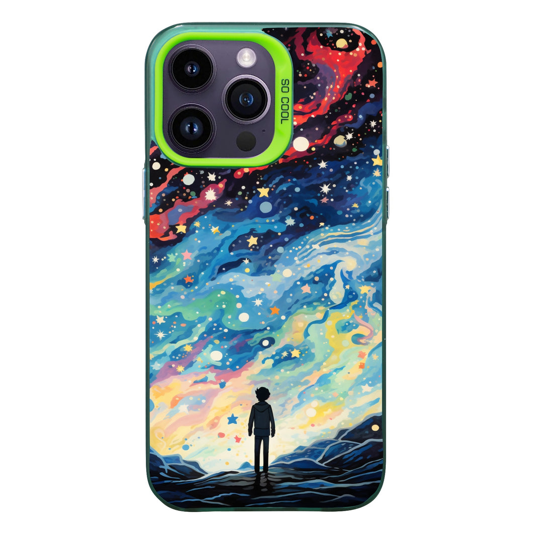 【BUY 4 ONLY PAY FOR 2】So Cool Case for iPhone with Unique Design, starry night Hard Back + Soft Frame with Independent Button Protective Case for iPhone -man standing under starry sky pop culture