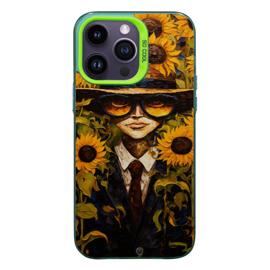 【BUY 4 ONLY PAY FOR 2】So Cool Case for iPhone with Unique Design, starry night Hard Back + Soft Frame with Independent Button Protective Case for iPhone -man wearing a hat and hat and with sunflowers