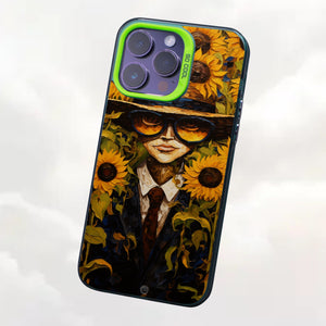 【BUY 4 ONLY PAY FOR 2】So Cool Case for iPhone with Unique Design, starry night Hard Back + Soft Frame with Independent Button Protective Case for iPhone -man wearing a hat and hat and with sunflowers