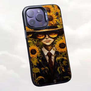 【BUY 4 ONLY PAY FOR 2】So Cool Case for iPhone with Unique Design, starry night Hard Back + Soft Frame with Independent Button Protective Case for iPhone -man wearing a hat and hat and with sunflowers