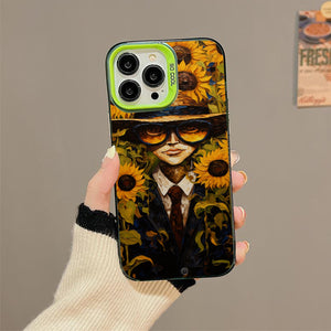 【BUY 4 ONLY PAY FOR 2】So Cool Case for iPhone with Unique Design, starry night Hard Back + Soft Frame with Independent Button Protective Case for iPhone -man wearing a hat and hat and with sunflowers