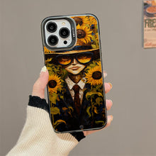 【BUY 4 ONLY PAY FOR 2】So Cool Case for iPhone with Unique Design, starry night Hard Back + Soft Frame with Independent Button Protective Case for iPhone -man wearing a hat and hat and with sunflowers