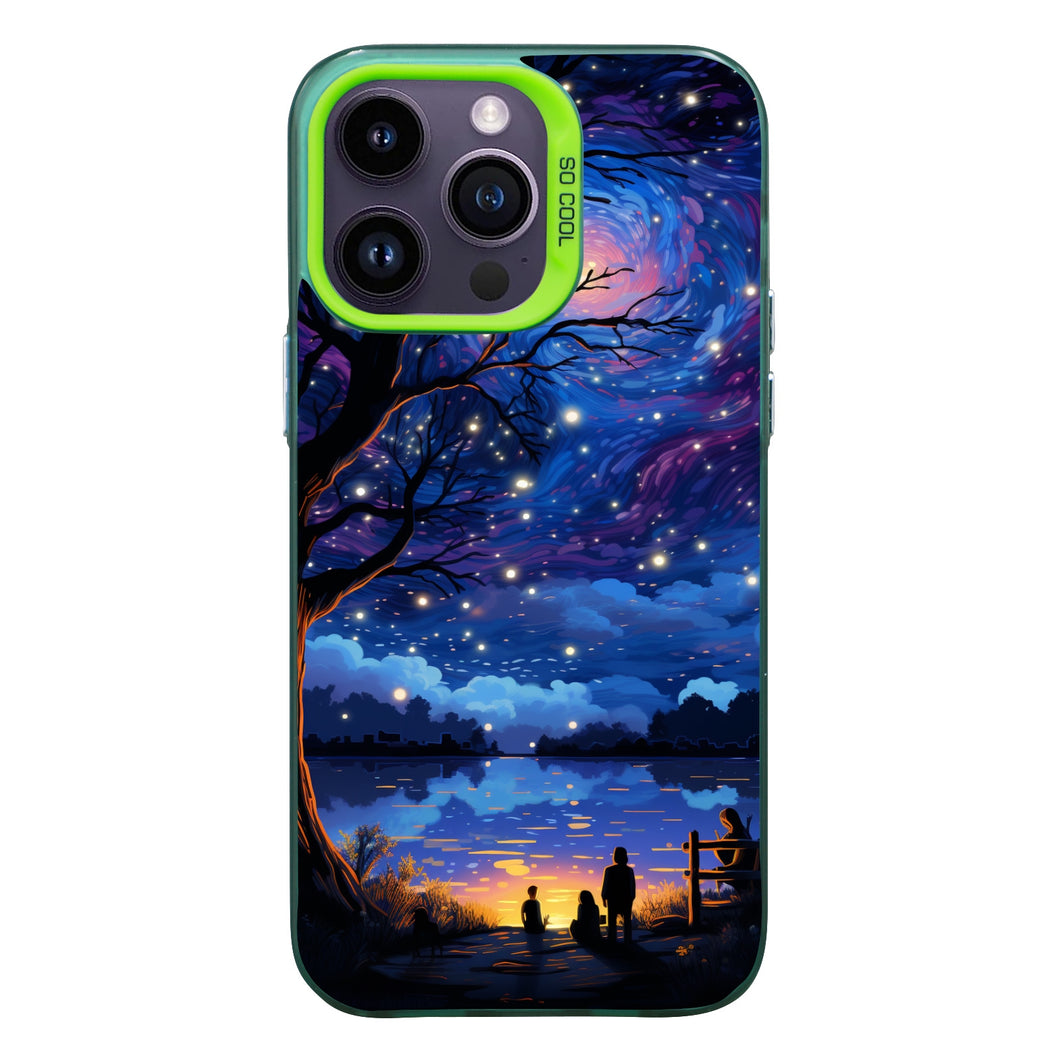 【BUY 4 ONLY PAY FOR 2】So Cool Case for iPhone with Unique Design, starry night Hard Back + Soft Frame with Independent Button Protective Case for iPhone -starry sky cartoon landnscape tree lake