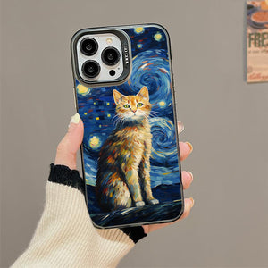 【BUY 4 ONLY PAY FOR 2】So Cool Case for iPhone with Unique Design, starry night Hard Back + Soft Frame with Independent Button Protective Case for iPhone -stubby cat under a starry night van gogh