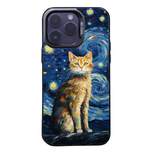 【BUY 4 ONLY PAY FOR 2】So Cool Case for iPhone with Unique Design, starry night Hard Back + Soft Frame with Independent Button Protective Case for iPhone -stubby cat under a starry night van gogh