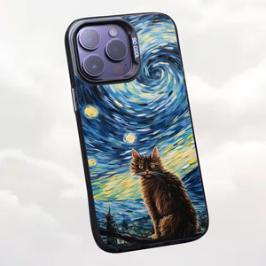 【BUY 4 ONLY PAY FOR 2】So Cool Case for iPhone with Unique Design, starry night Hard Back + Soft Frame with Independent Button Protective Case for iPhone -stubby cat under a starry night van gogh2