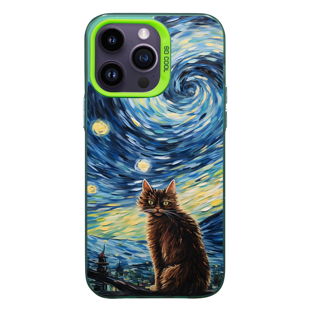 【BUY 4 ONLY PAY FOR 2】So Cool Case for iPhone with Unique Design, starry night Hard Back + Soft Frame with Independent Button Protective Case for iPhone -stubby cat under a starry night van gogh2