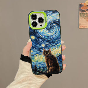 【BUY 4 ONLY PAY FOR 2】So Cool Case for iPhone with Unique Design, starry night Hard Back + Soft Frame with Independent Button Protective Case for iPhone -stubby cat under a starry night van gogh2