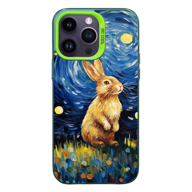 【BUY 4 ONLY PAY FOR 2】So Cool Case for iPhone with Unique Design, starry night Hard Back + Soft Frame with Independent Button Protective Case for iPhone -stubby rabbit under a starry night oil painting