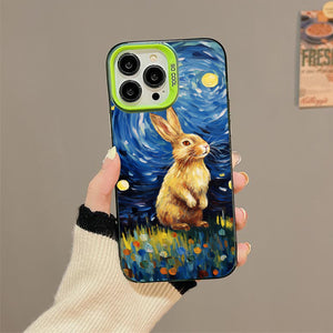 【BUY 4 ONLY PAY FOR 2】So Cool Case for iPhone with Unique Design, starry night Hard Back + Soft Frame with Independent Button Protective Case for iPhone -stubby rabbit under a starry night oil painting