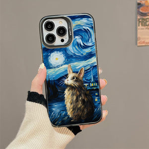 【BUY 4 ONLY PAY FOR 2】So Cool Case for iPhone with Unique Design, starry night Hard Back + Soft Frame with Independent Button Protective Case for iPhone -stubby rabbit under a starry night van gogh