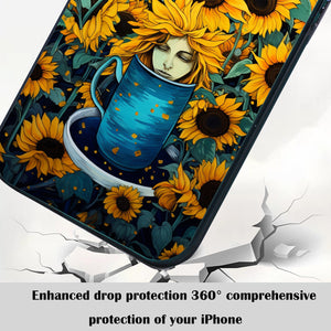 【BUY 4 ONLY PAY FOR 2】So Cool Case for iPhone with Unique Design, starry night Hard Back + Soft Frame with Independent Button Protective Case for iPhone -sunflowers girl in a cup comic art