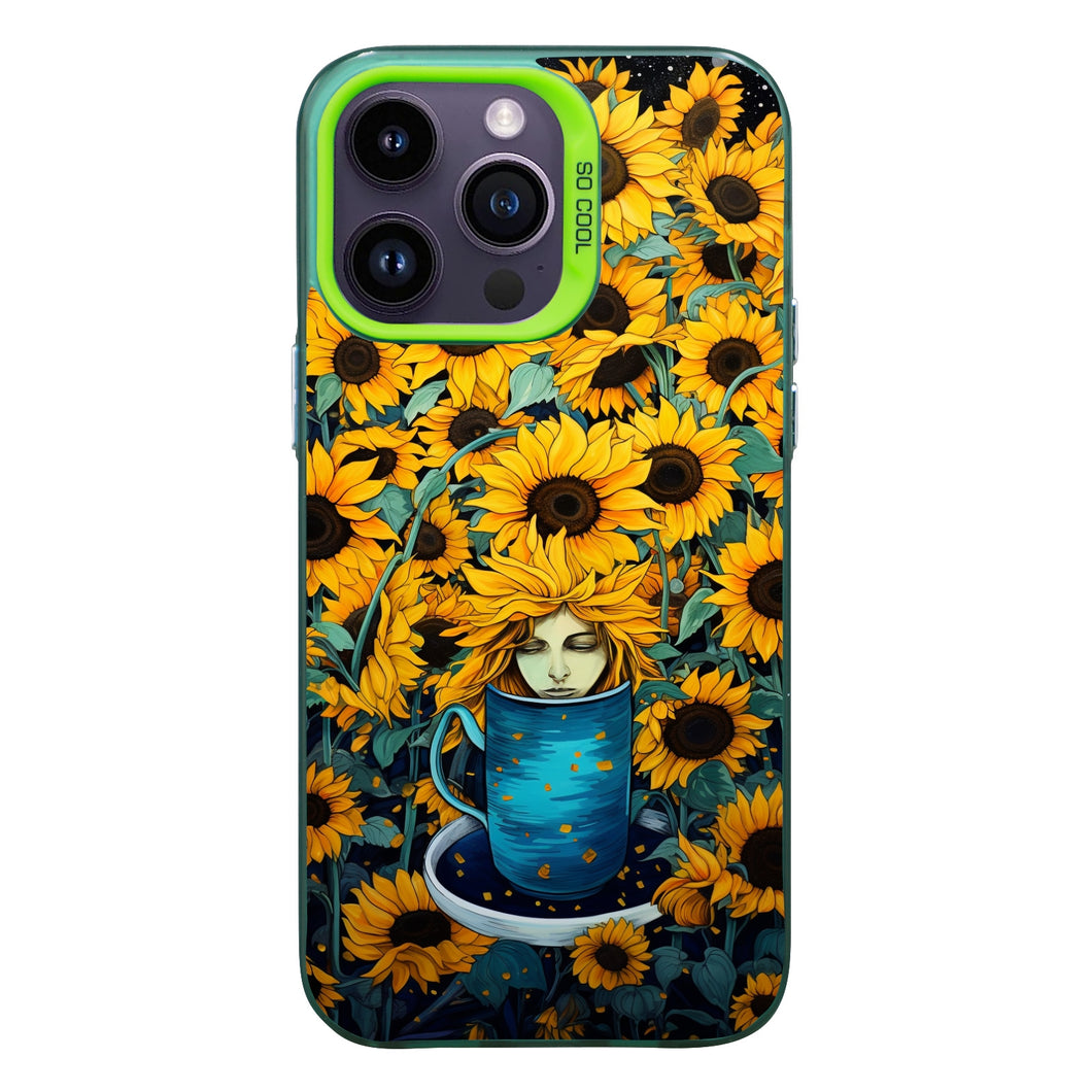 【BUY 4 ONLY PAY FOR 2】So Cool Case for iPhone with Unique Design, starry night Hard Back + Soft Frame with Independent Button Protective Case for iPhone -sunflowers girl in a cup comic art