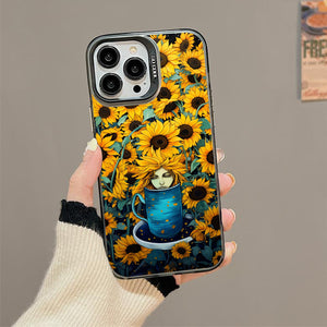 【BUY 4 ONLY PAY FOR 2】So Cool Case for iPhone with Unique Design, starry night Hard Back + Soft Frame with Independent Button Protective Case for iPhone -sunflowers girl in a cup comic art