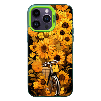 【BUY 4 ONLY PAY FOR 2】So Cool Case for iPhone with Unique Design, starry night Hard Back + Soft Frame with Independent Button Protective Case for iPhone -sunflowers on a bike