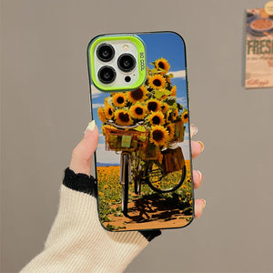 【BUY 4 ONLY PAY FOR 2】So Cool Case for iPhone with Unique Design, starry night Hard Back + Soft Frame with Independent Button Protective Case for iPhone -sunflowers on a bike2