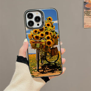 【BUY 4 ONLY PAY FOR 2】So Cool Case for iPhone with Unique Design, starry night Hard Back + Soft Frame with Independent Button Protective Case for iPhone -sunflowers on a bike2