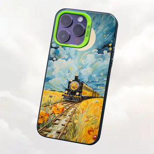 【BUY 4 ONLY PAY FOR 2】So Cool Case for iPhone with Unique Design, starry night Hard Back + Soft Frame with Independent Button Protective Case for iPhone -train driving away down a golden yellow field