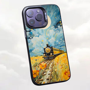 【BUY 4 ONLY PAY FOR 2】So Cool Case for iPhone with Unique Design, starry night Hard Back + Soft Frame with Independent Button Protective Case for iPhone -train driving away down a golden yellow field