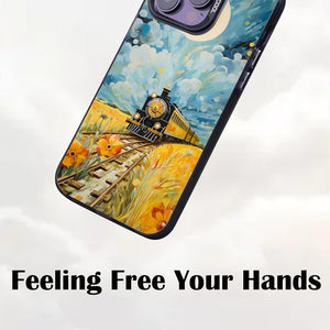 【BUY 4 ONLY PAY FOR 2】So Cool Case for iPhone with Unique Design, starry night Hard Back + Soft Frame with Independent Button Protective Case for iPhone -train driving away down a golden yellow field