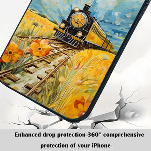 【BUY 4 ONLY PAY FOR 2】So Cool Case for iPhone with Unique Design, starry night Hard Back + Soft Frame with Independent Button Protective Case for iPhone -train driving away down a golden yellow field