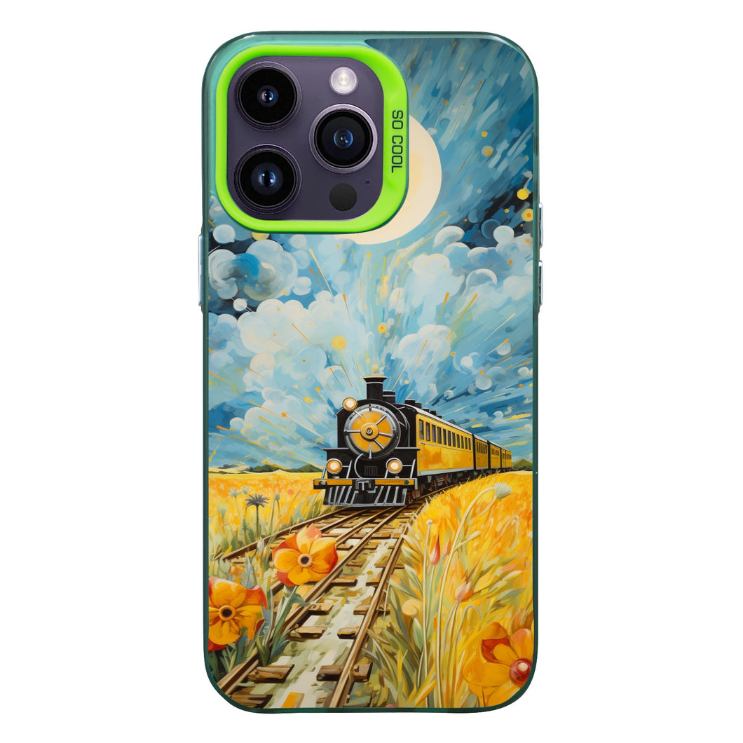 【BUY 4 ONLY PAY FOR 2】So Cool Case for iPhone with Unique Design, starry night Hard Back + Soft Frame with Independent Button Protective Case for iPhone -train driving away down a golden yellow field