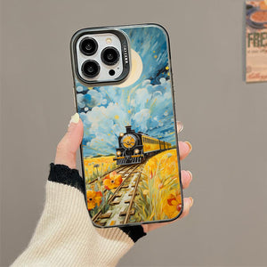 【BUY 4 ONLY PAY FOR 2】So Cool Case for iPhone with Unique Design, starry night Hard Back + Soft Frame with Independent Button Protective Case for iPhone -train driving away down a golden yellow field