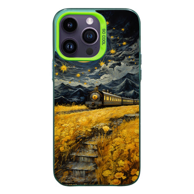 【BUY 4 ONLY PAY FOR 2】So Cool Case for iPhone with Unique Design, starry night Hard Back + Soft Frame with Independent Button Protective Case for iPhone -train driving away down a golden yellow field2