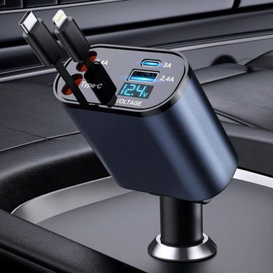 Retractable Car charger, 4-in-1 Fast charging Car phone charger adapter 60w, retractable cable (2 ft) for iPhone and USB-C and 2 USB ports, compatible with iPhone 15/14/13 Pro Max, Samsung g, Pixel