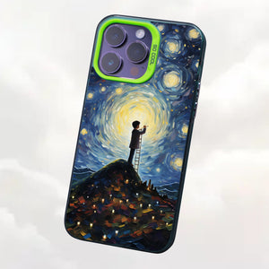 【BUY 4 ONLY PAY FOR 2】So Cool Case for iPhone with Unique Design, starry night Hard Back + Soft Frame with Independent Button Protective Case for iPhone -boy staring at the starry night